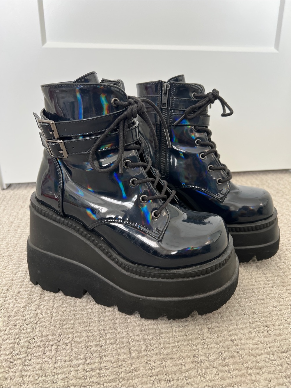 Demonia Black Holographic Patent Platform Combat Boots